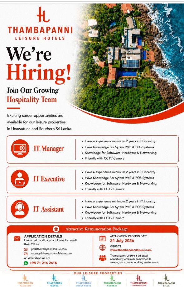 IT Manager Job Vacancy in Unawatuna, Galle | Thambapanni Leisure Hotels | IT රැකියා අවස්ථා