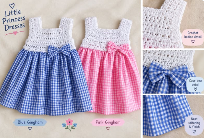 Handmade Crochet Princess Dress with Blue & Pink Gingham – Yashvi Fashion
