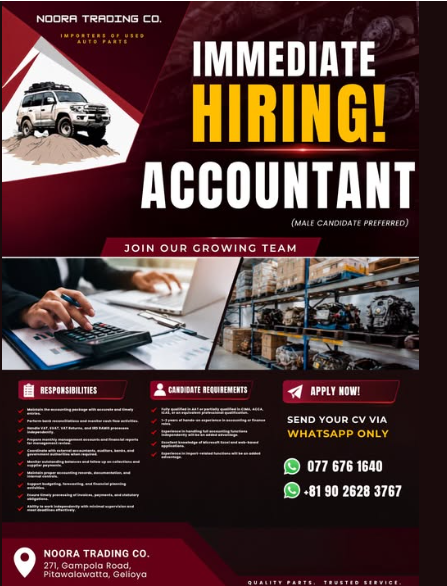 Accountant – Immediate Hire at Noora Trading Co., Kandy
